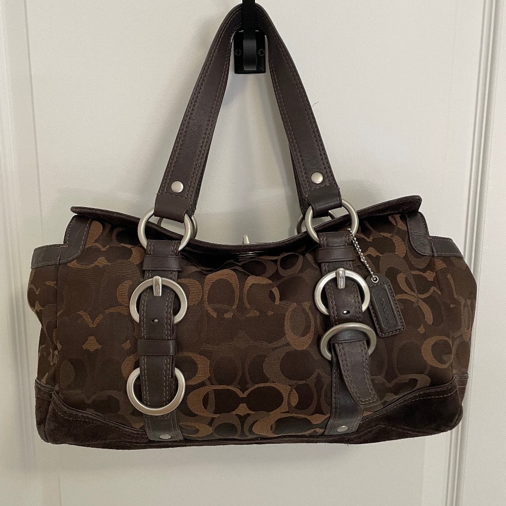 Brown logo pattern purse, midsize with turn key clasp at top